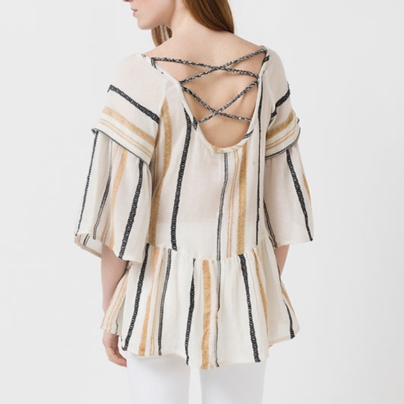 Ada Kamara | Criss Cross Embroidered Striped Textured Knit Peplum Boho Blouse - Picture 2 of 13